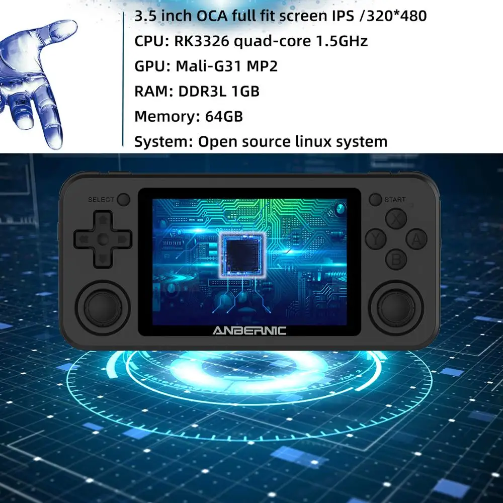 White RG351P Handheld Game Portable Console with 64G TF Card 3.5 Inch IPS Screen 3500MAH Battery Preload 2500 Games Open Source Linux System