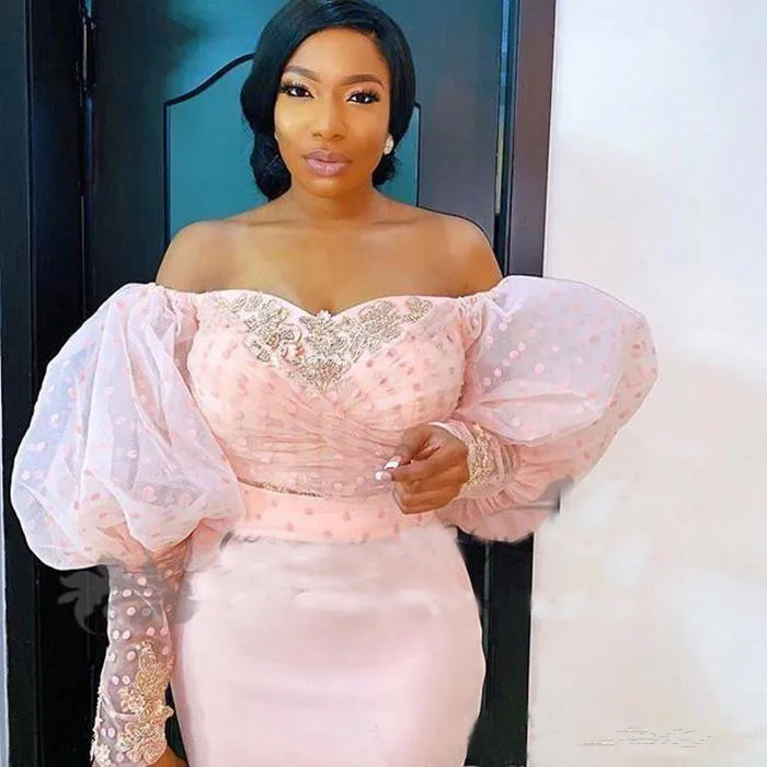 2020 Lace Long Sleeve Evening Dresses Off the Shoulder Puff Sleeves African Arabic Formal Celebrity Prom Mother Gowns