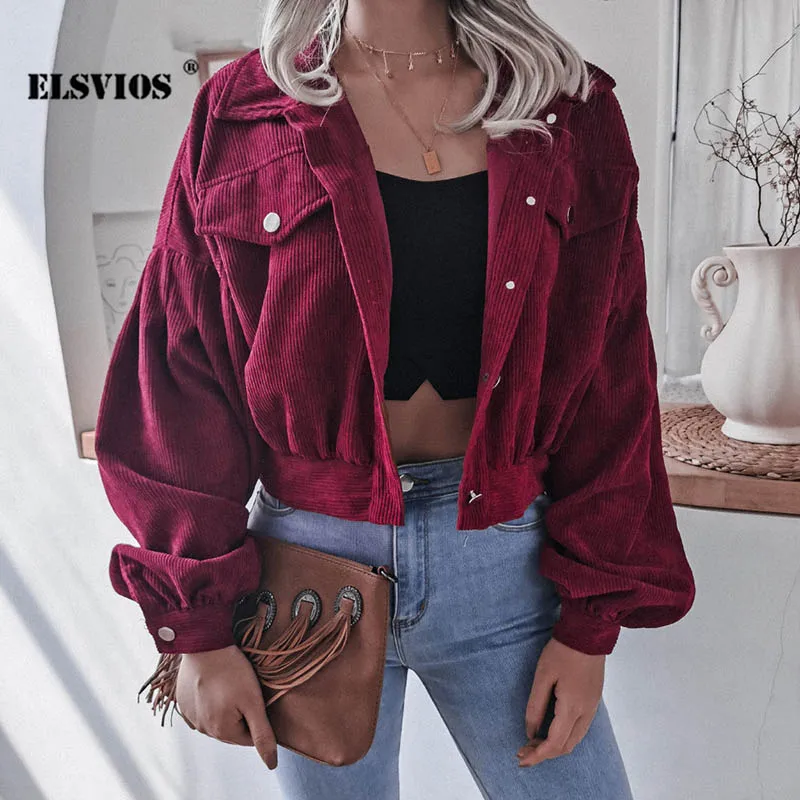 Fashion Women Corduroy Lantern Long Sleeves Lapel BF Style Jacket Fall Winter Elegant Solid Color New Loose Casual Short Jackets