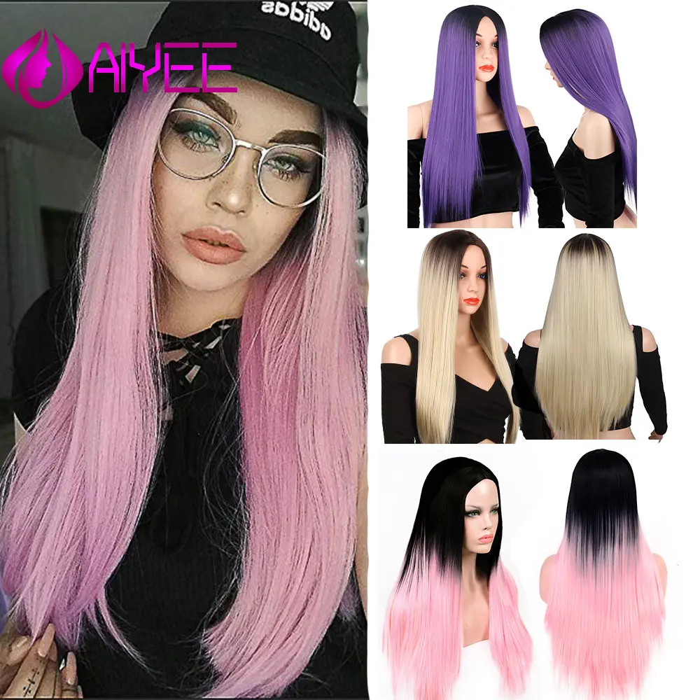 

AIYEE 26''24'' Pink/Red/Purple/Blue Middle Part Heat Resistant Cosplay Blonde Wig Long Straight Ombre Synthetic Wig For Women