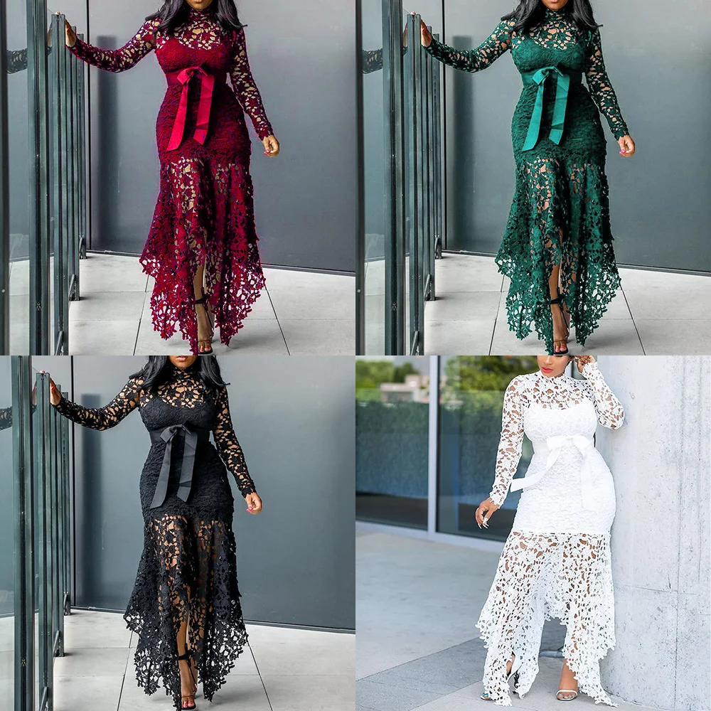 Customized Vintage Party Sexy Black Lace Long Dress Plus Big