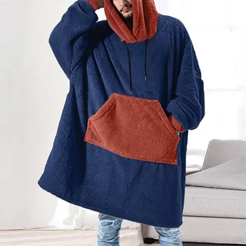 Men Hooded Sweatshirt Wearable Blanket Stitching Color Pullover with Front Pocket 2020 Winter Soft Warm Cozy Adult Home Clothing