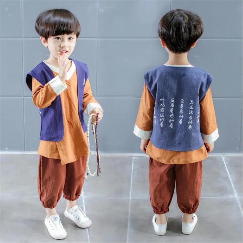 Vintage chinese national costume for kids 3 pieces baby hanfu boy outfit tang dynasty clothing kung