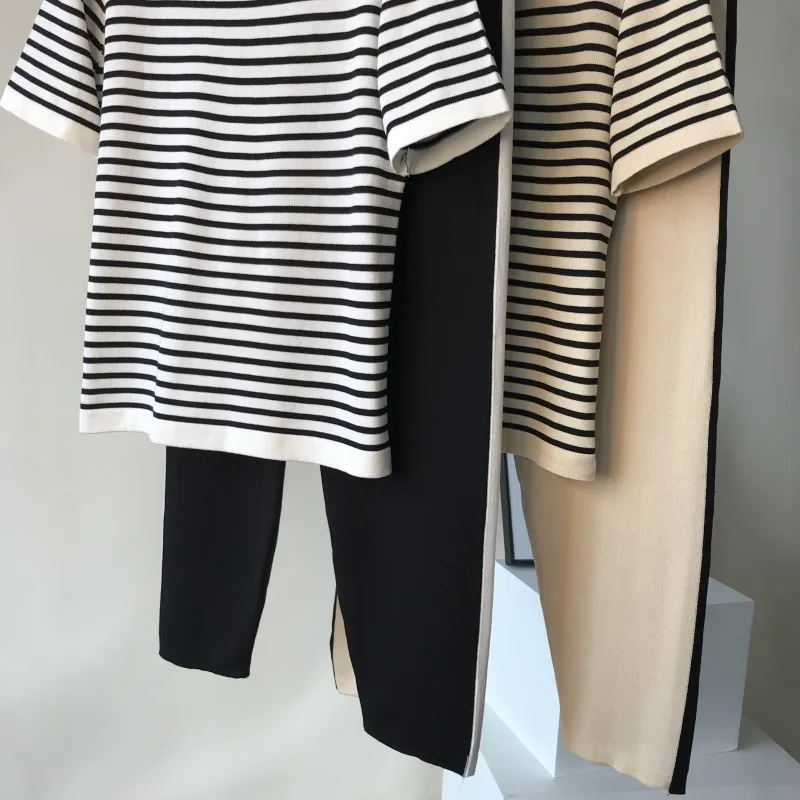 SMTHMA Two Piece Set Women Summer Knitted Striped Short Sleeve T Shirts+Stretch Waist Full Length Pants women's sets