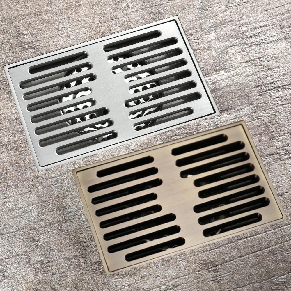 

Brushed Nickel Floor Drain Balcony Floor Waste Grates Toilet Anti-odor Drains Bathroom Hair Strainer Brass Rectangle HIDEEP