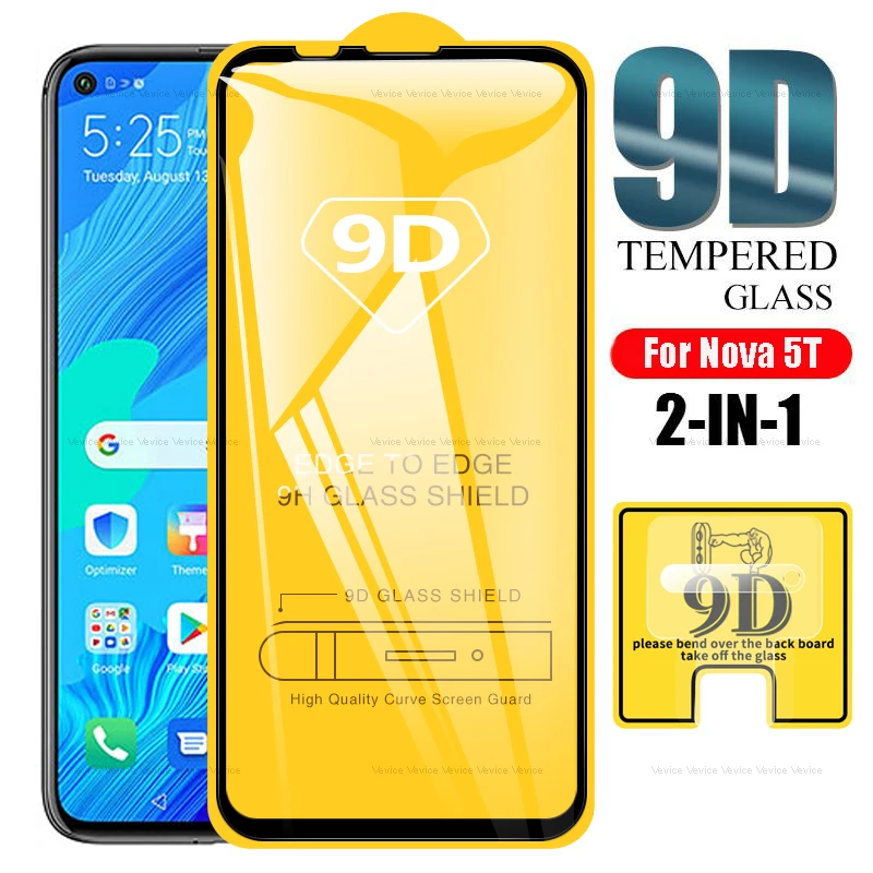 

For Huawei Nova 5T Screen Protector 2 in 1 9D Back Camera Lens Tempered Glass + Front Glass For Huawei nova 5t 5 t 6.26inch Film