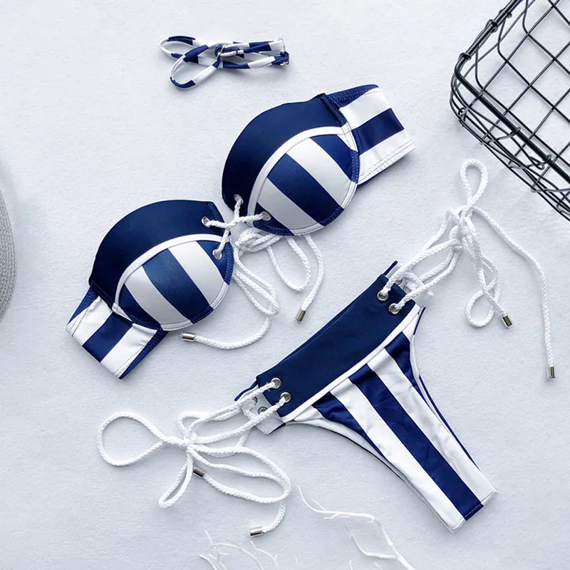 

Summer New Couples Women Bikini Set Striped Push Up Bikini Bandage Swimwear Swimsuit Bathing Women's Shorts Set