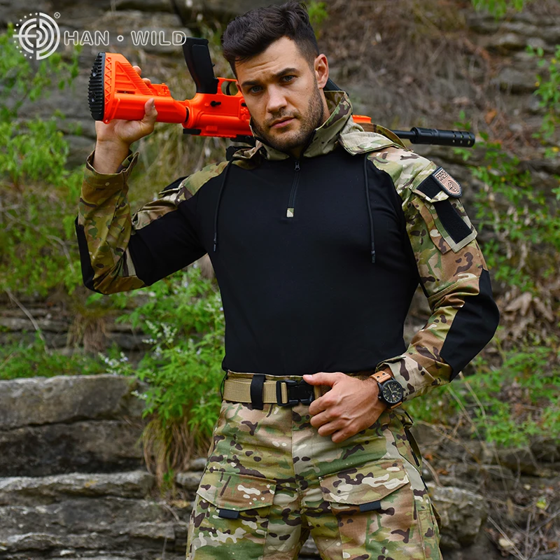 

Male Tactical Hooded Shirt Military Uniform Shooting Training Suit Unisex Outdoor Sport Hiking Shirts Combat Tops with Pads