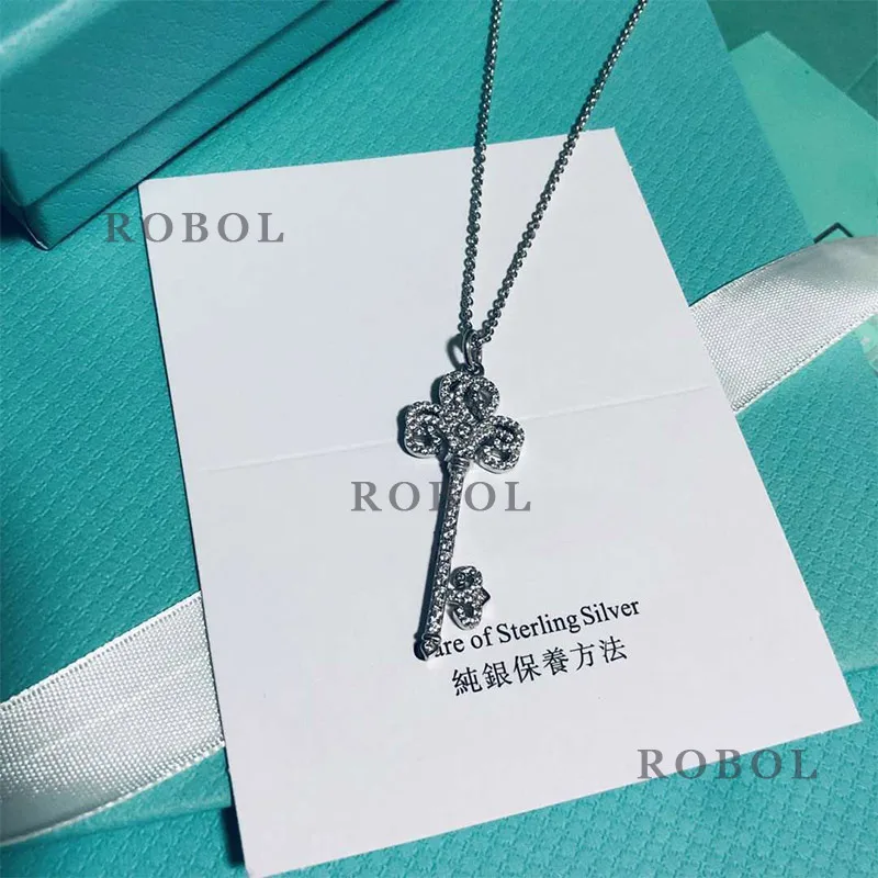 XL TFB RLLEN Quality Original 925 Sterling Silver Classic Fashion Key Necklace Pendant DIY Jewelry Gift for Ladies and Girls