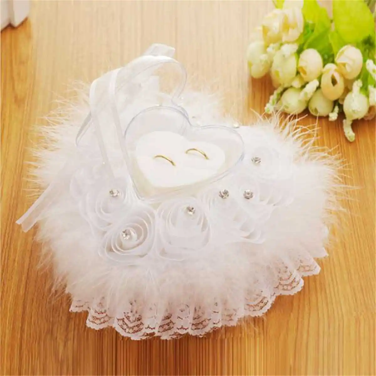 

Heart Shaped White Ring Pillow Wedding Decoration Party Valentine's Day Gift Ring Box Rhinestone Diamond Cushion Holder