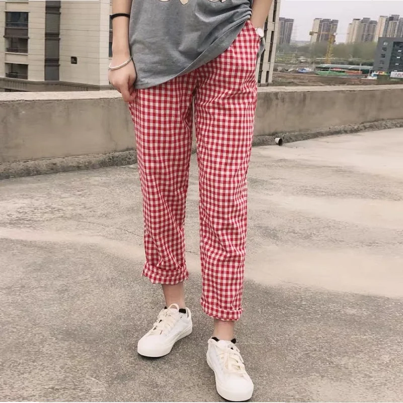 코튼 린넨 캐주얼 루즈 빈티지 격자 무늬 하렘 바지, 하라주쿠 여성 2021 바지, 탄성 하이 웨이스트 바지, 한국 스트레이트 바지