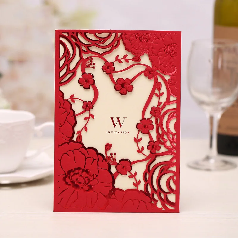 

50PCS Elegant Flower Bridal Favor Wedding Invitations Card Lace Pocket Customize Invites Greeting Card Printing Party Supplies