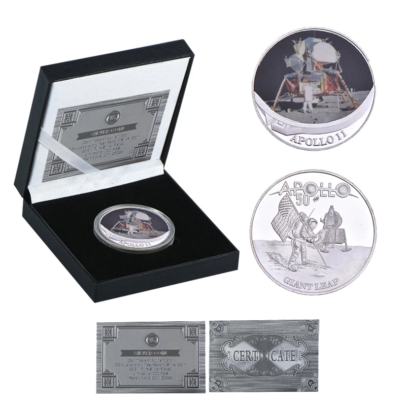 coin1 with box WR Apollo 11 50th Anniversary серебряные коллекционные монеты с держателем для монет оригинальная монета для вызова медаль США коллектор дропшиппинг - Цвет: coin1 with box