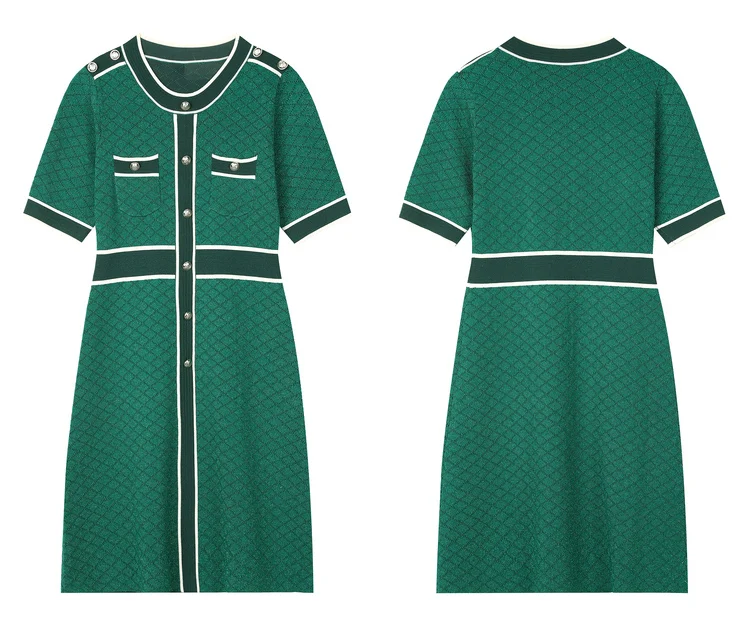 ELFSACK Green Singel Chic Button Knitted Casual Korean Dress Women,2020Autumn ELF Vintage Short Sleeve Female Slim Party Dresses