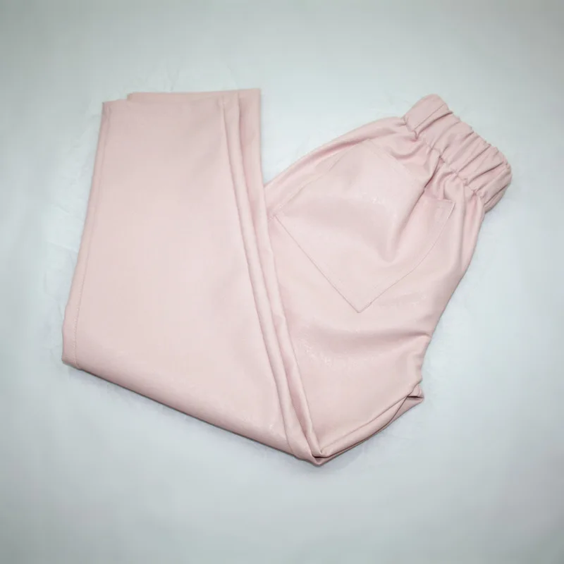 Pink Осенне-зимние новые детские штаны из искусственной кожи для девочек повседневные брюки ярких цветов со средней талией и карманами для От 3 до 12 лет, детские леггинсы - Цвет: Pink