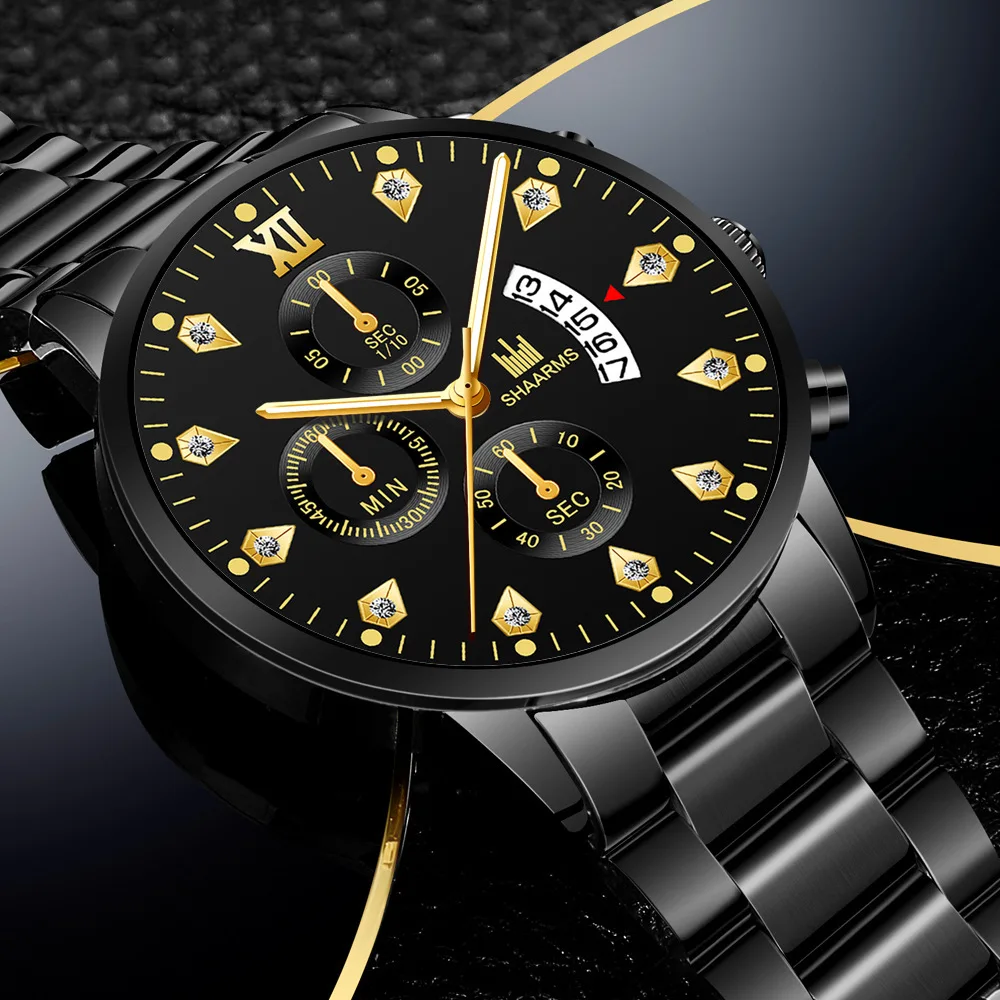 2021 Luxury Brand SHAARMS Alloy Strap Men's Watch Diamond Waterproof Quartz Watch for Men's Analog Three-eye Calendar Male Clock