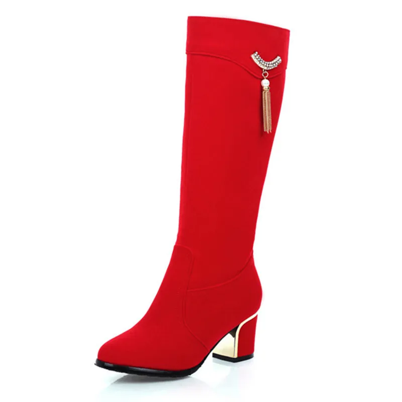 Autumn Winter Knee High Boots Women Black Red Flock Women's High Boots Luxury Casual Low Heels Fashion Long Party Shoes Female