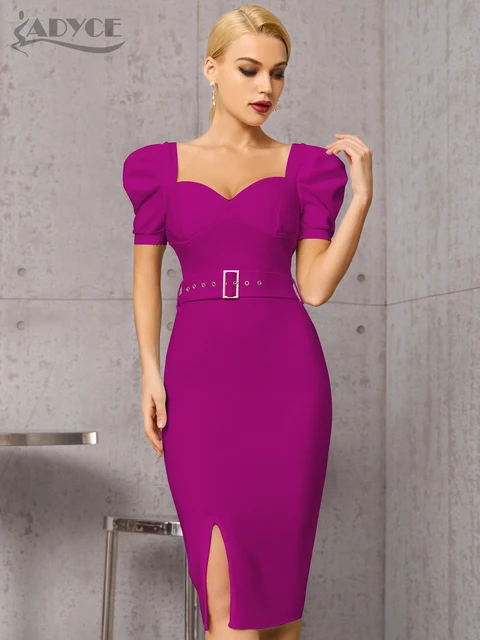 Adyce Black Short Puff Sleeve Club Bandage Dress For Women Sexy 2021 New Summer V Neck Belt Celebrity Runway Party Outfit Dress Violet Bandage Dress