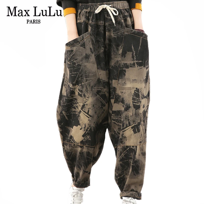 Max LuLu весенние корейские модные женские винтажные джинсы с принтом женские повседневные свободные шаровары женские негабаритные джинсовые брюки