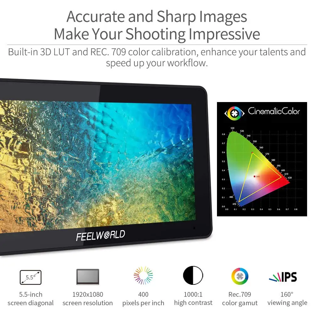 FEELWORLD F6 PLUS 5.5 Inch 3D LUT Touch Screen DSLR Camera Field Monitor IPS FHD1920x1080 Support 4K HDMI Input Output Tilt Arm
