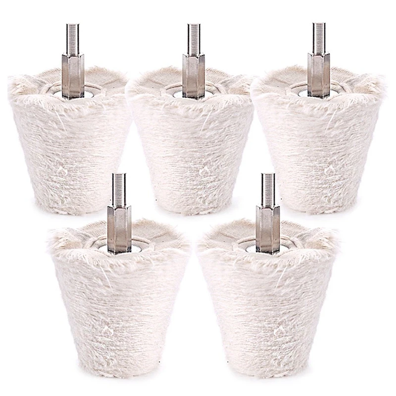 

5 Pcs Cone-Shaped White Flannelette Polishing Wheel Grinding Head with 1/4 inch Handle for Metal Aluminum/Stainless Steel/Chrome