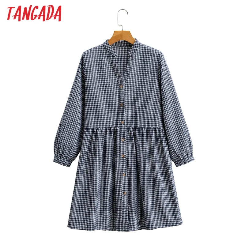 Tangada 2020秋冬女性チェック柄プリントシャツドレス長袖オフィスレディースショートドレスSY135