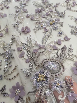

Evening dress / wedding design fabric Luxury handmade 3D flower + bead embroidery high quality French mesh fabric African lace