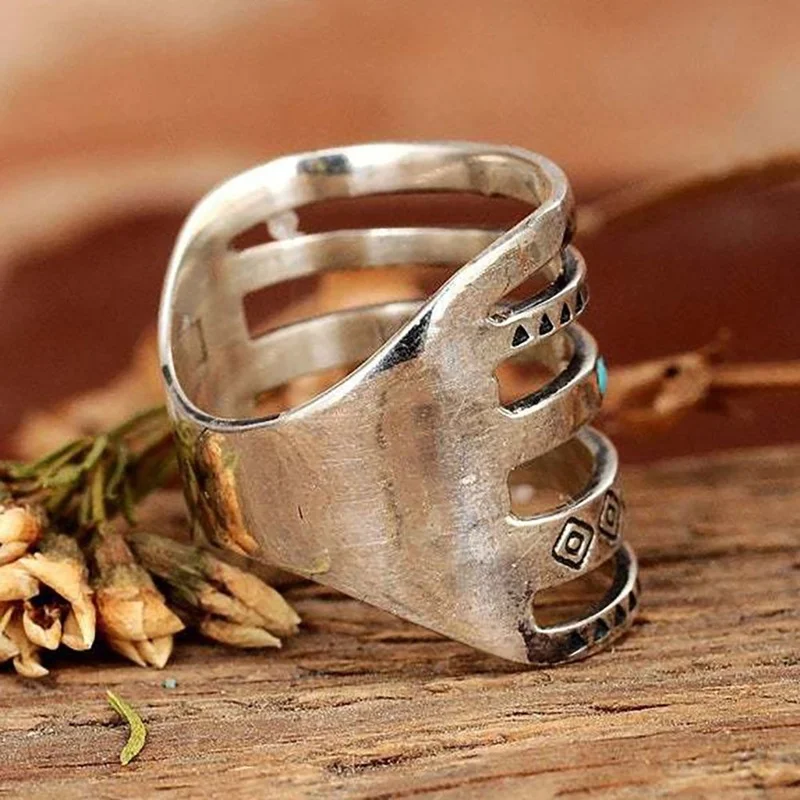 Silver Ring Vintage Bohemian Women's 925 Sterling Silver Multilayer Hollow Turquoise Ring Band Exquisite Engagement Wedding Rings