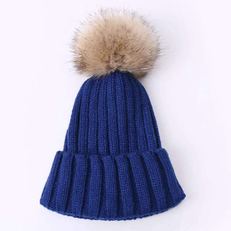 Зимние шапки для детей с помпоном из искусственного меха, уличная теплая вязаная шапочка, детская шапка для девочек и мальчиков, теплая одноцветная шапка, модная шапка - Цвет: E