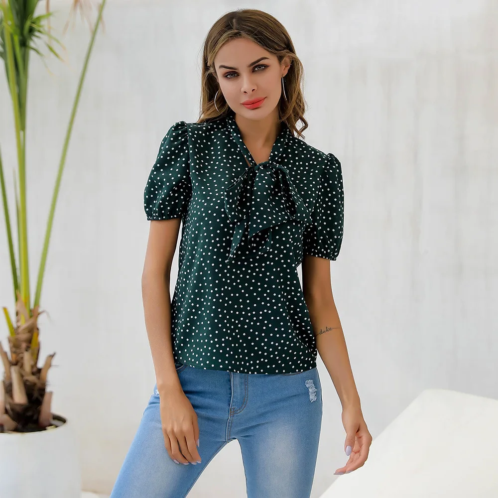 

Casual Spring Summer Polka Dot Blouse Women Bow V-Neck Short Sleeve Shirts Ladies Simple Tops Clothes Blusa Feminina 2020