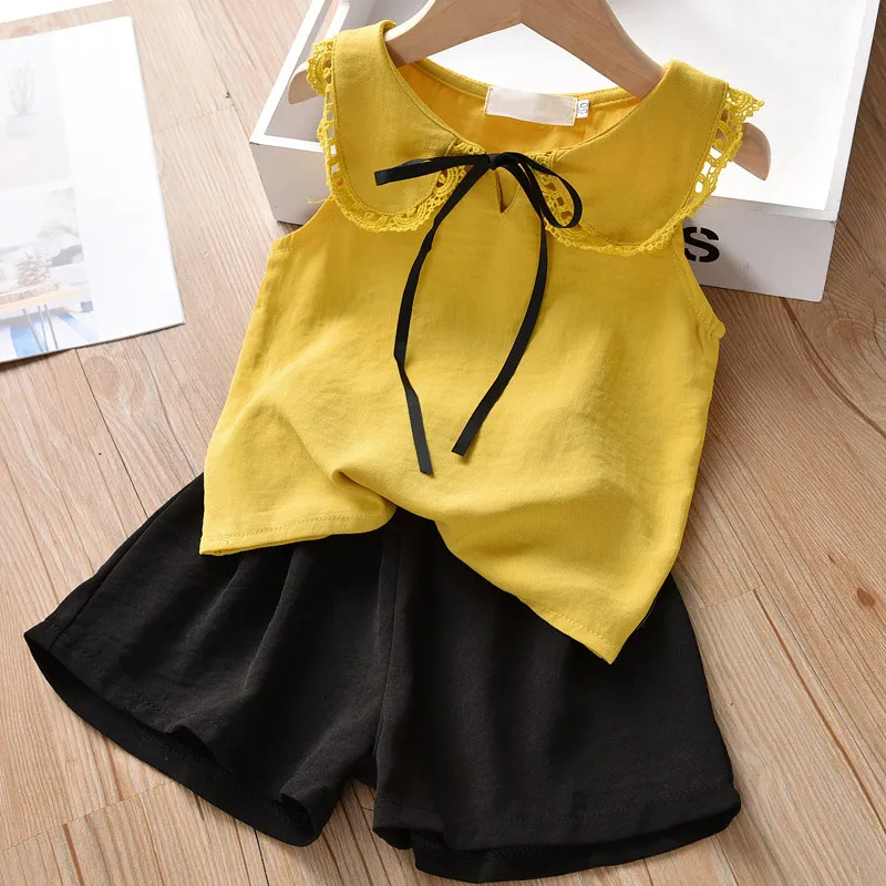AZ2121 Yellow Menoea/Коллекция года, комплекты для детей Летние Стильные Детские толстовки с цветами и рукавами-крылышками+ штаны с поясом, дизайнерские От 3 до 7 лет комплекты одежды для маленьких девочек - Цвет: AZ2121 Yellow