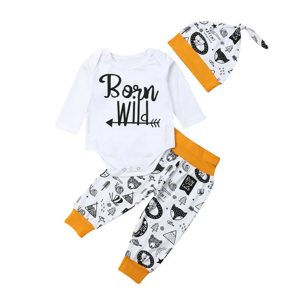 

New Baby Boy Clothes Long Sleeve Romper+Animal Print Pants Hat Outfit Set