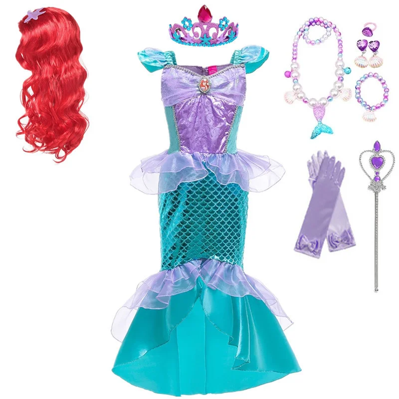 2021 Little Mermaid Party Girls Princess Dress Fancy Kids Halloween Cosplay Costume wig Ariel Girl Birthday dress |