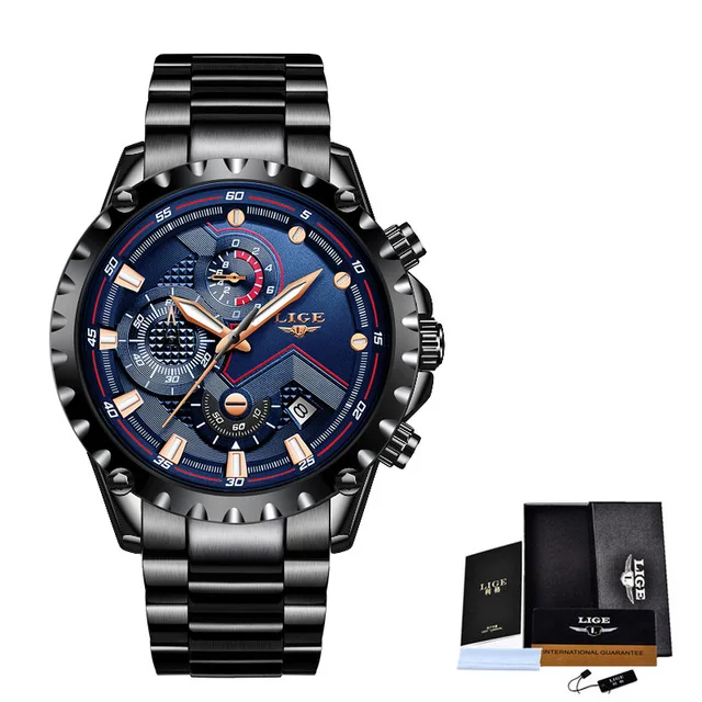 LIGE новые мужские часы из нержавеющей стали водонепроницаемые часы мужские модные спортивные кварцевые часы мужские деловые часы с датой Relojes Hombre+ коробка - Цвет: S Black blue