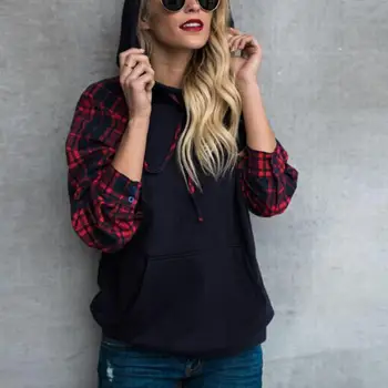 

Hoodies Women Pockets Loose Women Long Sleeve All-match Plaid stitching pocket long sleeve hoodie sweatshirt