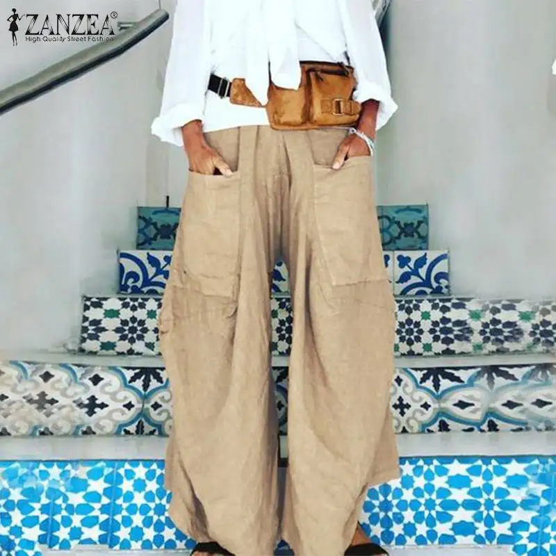 

Women's Wide Leg Trousers 2019 ZANZEA Elastic Waist Pant Female Pockets Casual Pantalon Palazzo Oversized Summer Pants Turnip 7