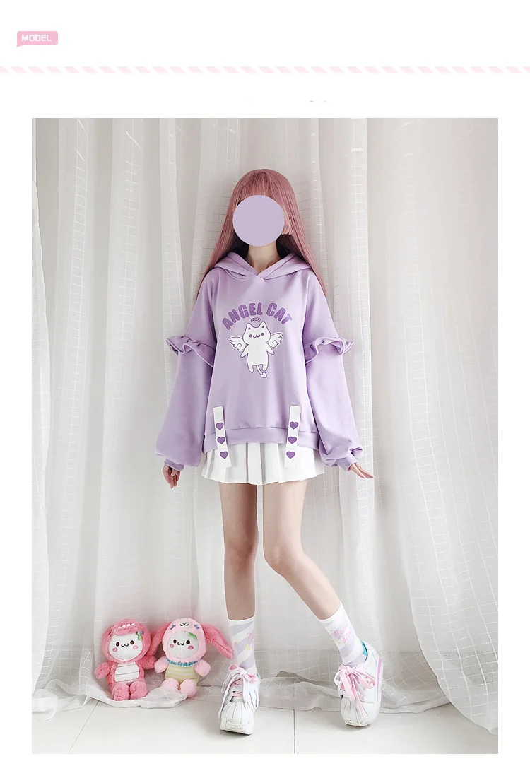 Дизайн женское пальто Ангел Кот тема фиолетовый пуловер Топ осень зима утепленная верхняя одежда с пышными рукавами