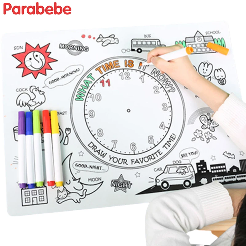 

Baby Silicone Placemat Set With Six Pens DIY Graffiti Silicone Tray Feeding Kids Plate Pad Children Tableware Silicone Dishes