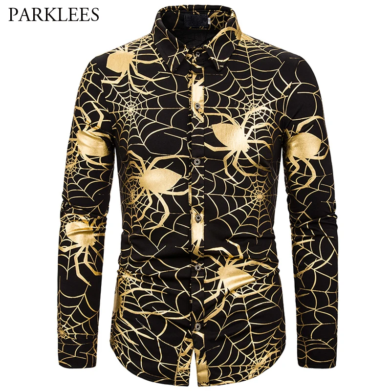

Spider Bronzing Pattern Design Shirt Men's Lapel Slim fit Casual Nightclub Dancer Party Dj Long Sleeve Shirt For Mens Clothing