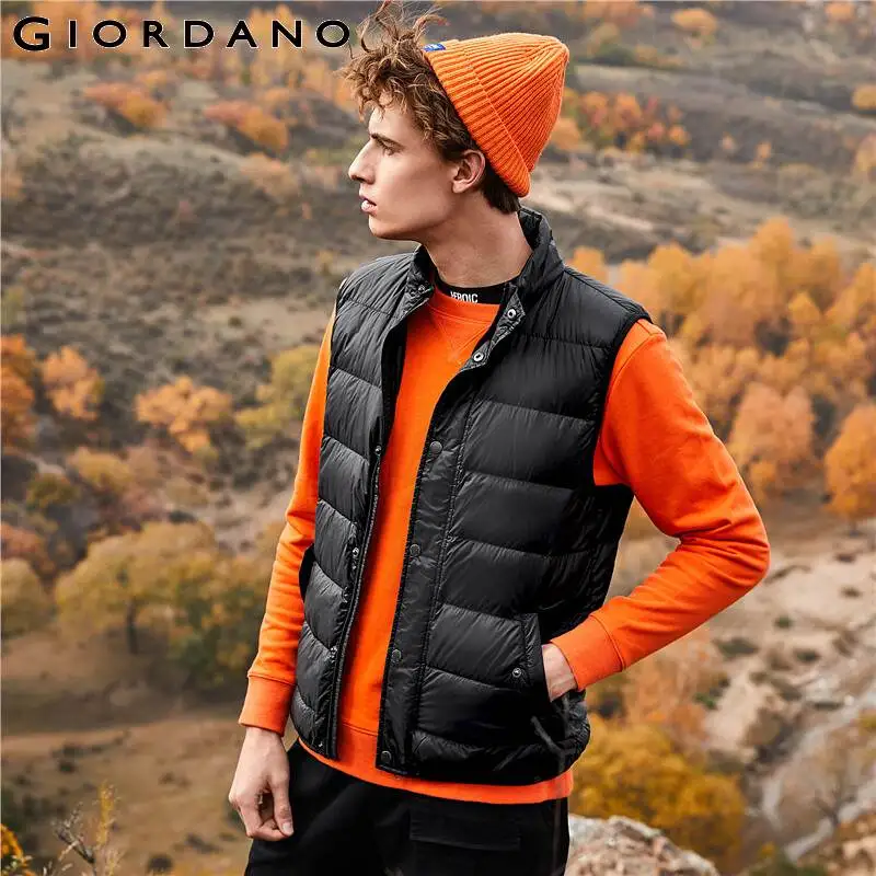 Giordano-chalecos de plumas para Hombre lavables a máquina, Chaleco gris de plumas de pato, con cuello levantado, bolsillos con solapa, Chaleco sólido para Hombre 90%