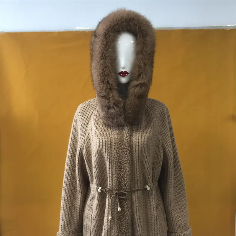 Новые модные женские повседневные Длинные шерстяной тканый пальто с воротником из меха енота S-3XL