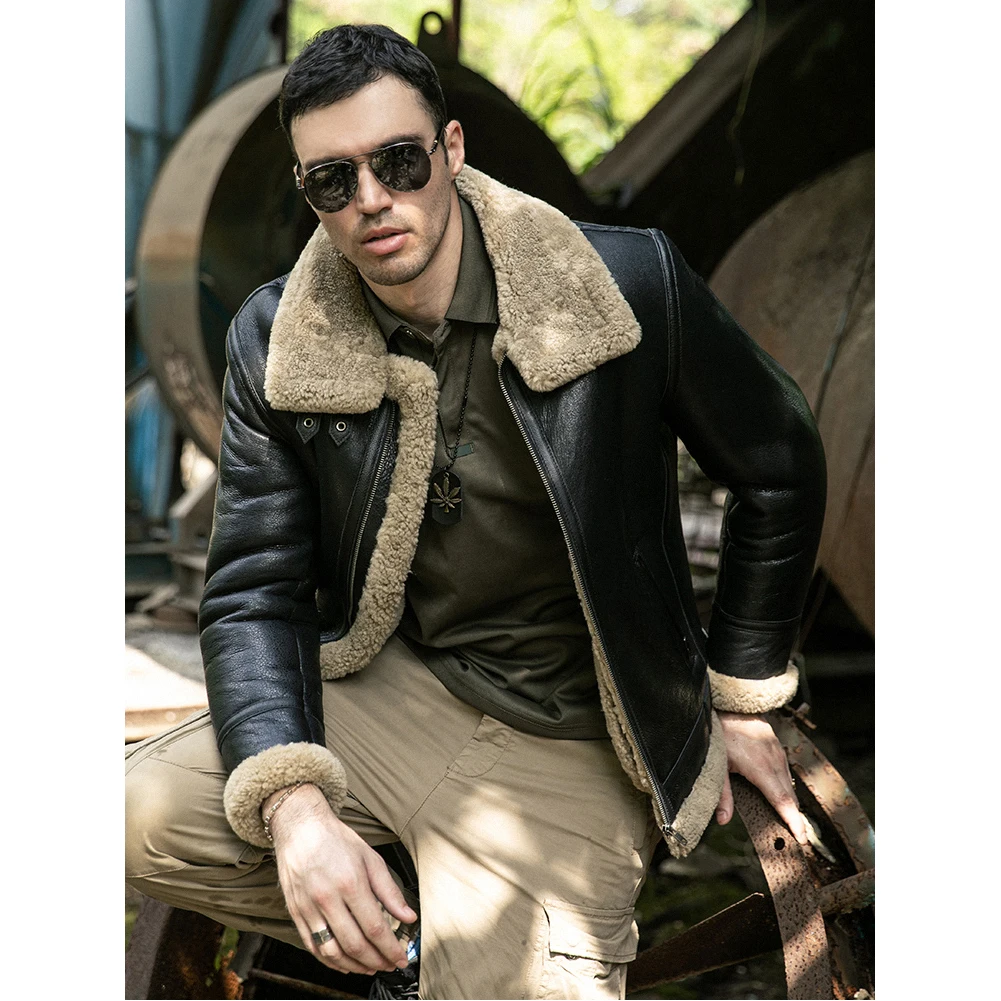 Mens Shearling Jacket B3 Bomber Jacket Short Leather Jacket Mens Winter