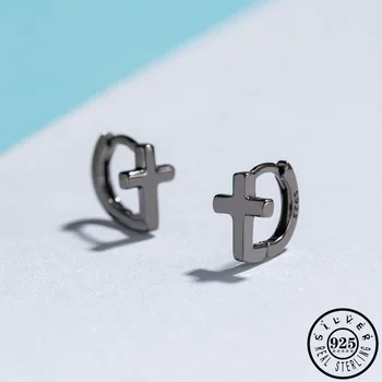 

925 Sterling Silver Small Cross Hoops Piercing Earrings Korean Black Color Crucifix Ear Rings Earings Fine Jewelry for Women