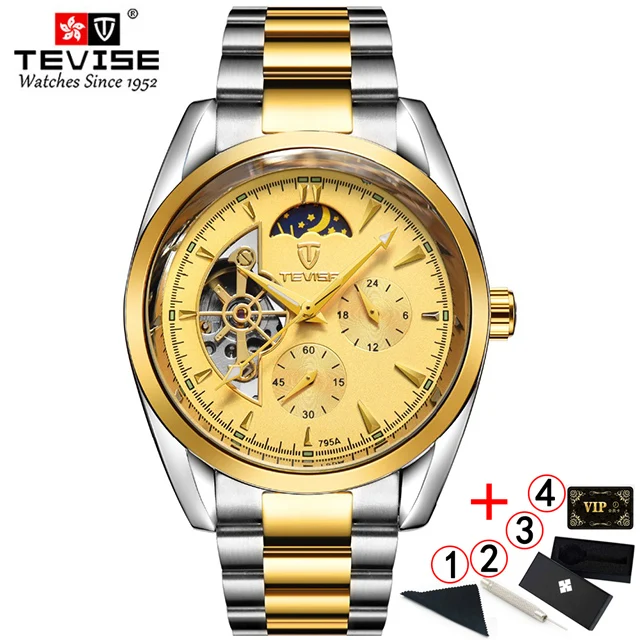 slv-gold-gold-box Tevise мужские часы Топ бренд класса люкс мужские механические часы автоматические нержавеющая сталь золотые мужские часы Relogio Masculino - Цвет: slv-gold-gold-box