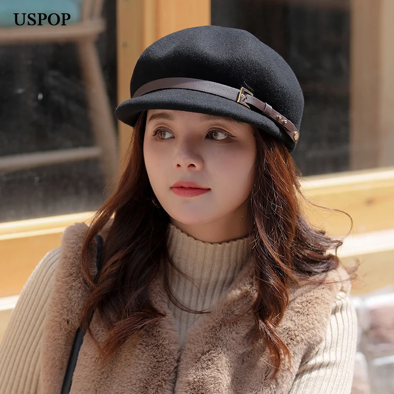 USPOP New Winter hats caps thick wool berets vintage belt decoration newsboy visor octagonal | Аксессуары для одежды