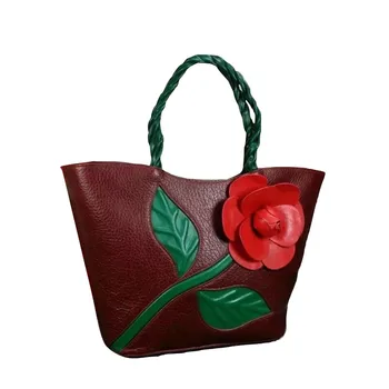 

Vintage Style Women's Rose Flower Totes Handbag Genuine Leather Female Single Shoulder Bag Authentic Cow Skin Lady Large Purse