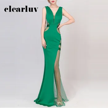 

Illusion Evening Dresses Sexy Crystal Women Floor Length Robe De Soiree DX386-2 Sgreen Leeveless Backless Elegant Mermaid Dress