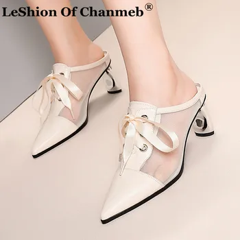 

Women Mules Real Leather Shoes Spring Summer Strange High Heels Nude Point Toe Party Shoes Ribbon Female Black Mesh Net Pumps 42