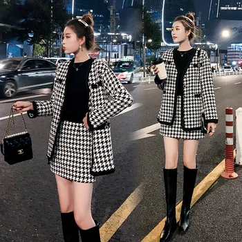 

Winter Plaid Patchwork Wool Suit Women V Neck Tweed Blazer Jacket + Bodycon Mini Pencil Skirt Suit Work 2 Piece Set