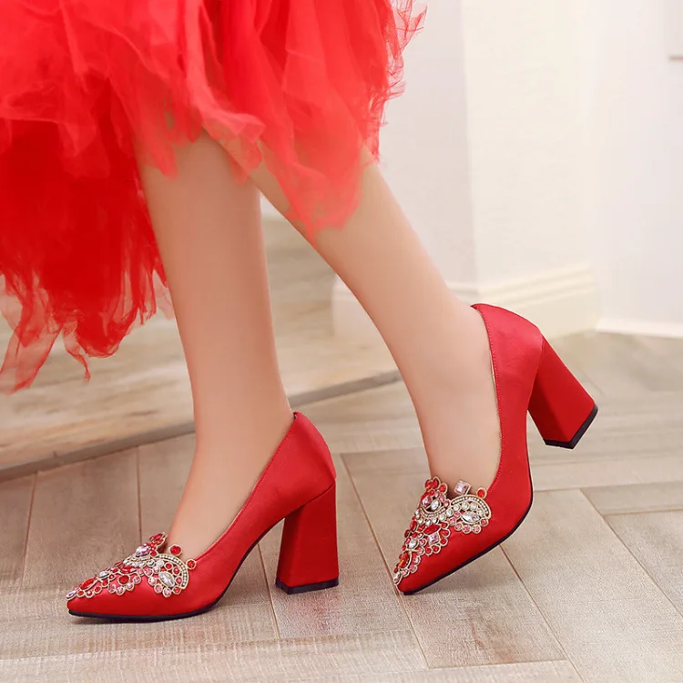 

Wedding Shoes Women's 2018 New Style Autumn Red High Heel Shoes Chinese Style Wedding Shoes National Wind Man-made Diamond Shoes